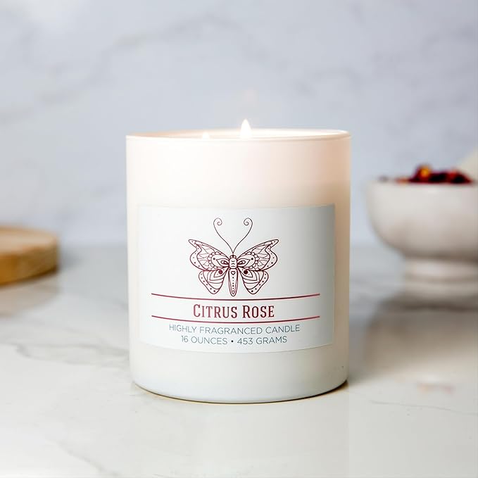 Carolina Citrus Rose Scented Candle, 16 oz Wellness Relaxing Aromatherapy Candle, 2 Wick White Jar Soy Blend Wax, Candles for Home, 60H Burn - Made in The USA