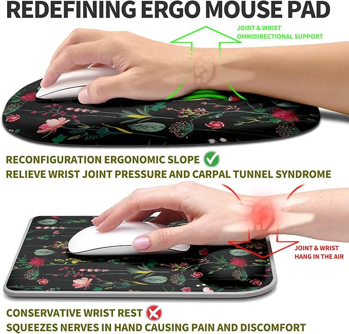 Hokafenle Ergonomic Mouse Pad Wrist Support, Terraced Slope Carpal Tunnel Wrist Pad for Mouse with Unibody Memory Foam, Wrist Rest Pain Relief Mousepad (Flower Vine, 11.8x7.9 in)