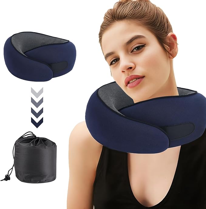 Travel Neck Pillow for Airplanes & Car Rides,Compact Head Support Cushion with Pain Relief,Ergonomic Sleeping Pillow for Long Flights & Road Trips (Blue)