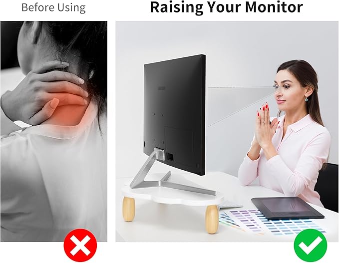 Cloud-Shaped Sturdy Wood Computer Monitor Stand Riser With Drawer, Multi-Purpose Desktop Organizer