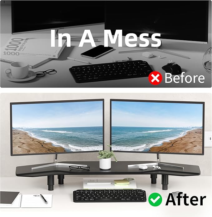 39.4 Inch Dual Monitor Stand Riser Black,Plane Wing-Shaped Sturdy Computer Desk Riser for 2 Monitors, Adjustable Length and Wood Monitor Stand for Laptop, Computer,Extra Long