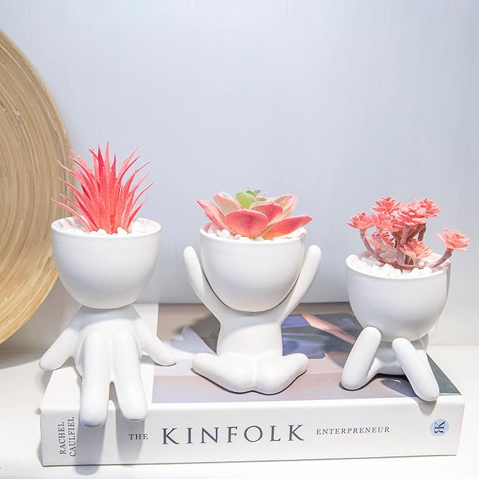 3PCS Human-Shaped Potted Artificial Plants Office Decor for Women and Men, Small Fake Plants Decor for Bedroom and Bathroom, Cute Faux Succulent Desk Decor for Office and Home, Pink