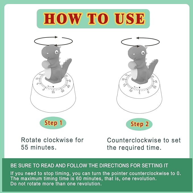 60 Minutes Mechanical Kitchen Timer,Cute Dinosaur Timer for Kids,Wind Up Egg Timer for Cooking,Reading,Classroom and Do Sports. (Light Green)