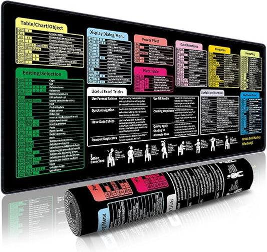 Excel Cheat Sheet Mouse Pad - 9 Major Excel Modules & 200+ Shortcuts (Excel/Word/PPT/Windows), 31.5"×11.8" XL, HD Print, Waterproof Anti - Slip Stitched Edge, 8 Office Exercises