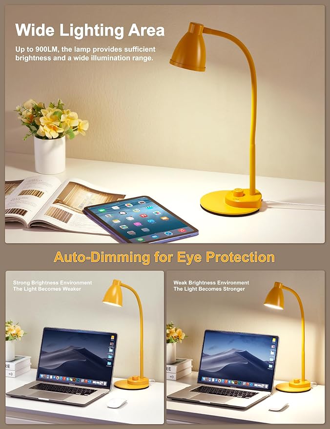 BOHON LED Desk Lamp with USB Charging Port, 3 Color Modes Fully Dimmable Reading Lamp, Auto Dimming Task Lamp, Flexible Gooseneck Table Light for Home Office Dorm Bedside, Bright Yellow