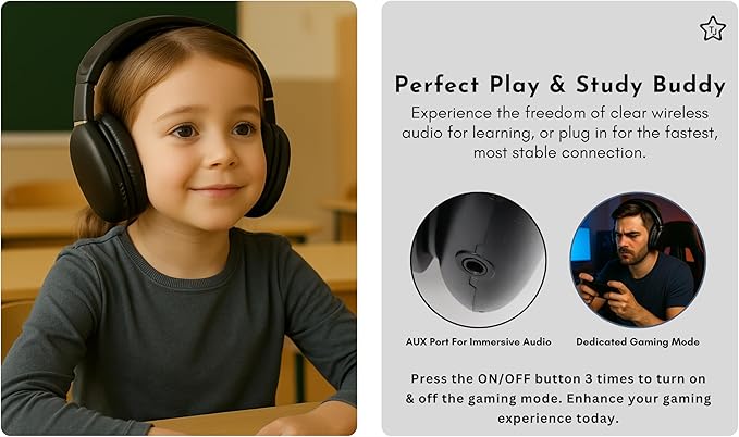 TJ Active Noise Cancellation Bluetooth Over Ear Headphones | Supersoft Leather Wireless Headset Wired Built-in MIC 24H Playtime High Res Audio Travel/Work/Students/Running/Gym(Black)