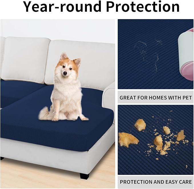 Easy-Going Stretch 3 Pieces Couch Cushion Covers for Sectional Sofa Left/Right L Shape Chaise Lounge Sofa Seat slipcover Anti-Slip Sofa Cover Soft (2 Seater + 1 Chaise, Navy)