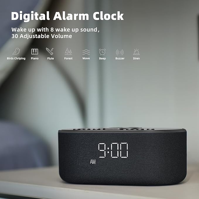 Sound Machine Alarm Clock for Bedrooms: Bluetooth 10W Stereo Sound Speaker with Wireless Charging - White Noise Machine for Sleeping with 21 Soothing Sounds - Black