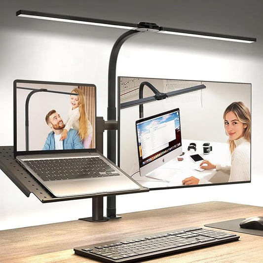 LED Desk Lamp for Home Office, Eye-Caring Desk Light with Clamp, Stepless Dimming 24W Double Head Architect Task Lamp with Remote Control, Flexible Gooseneck, for Working, Studying, Reading, Drafting