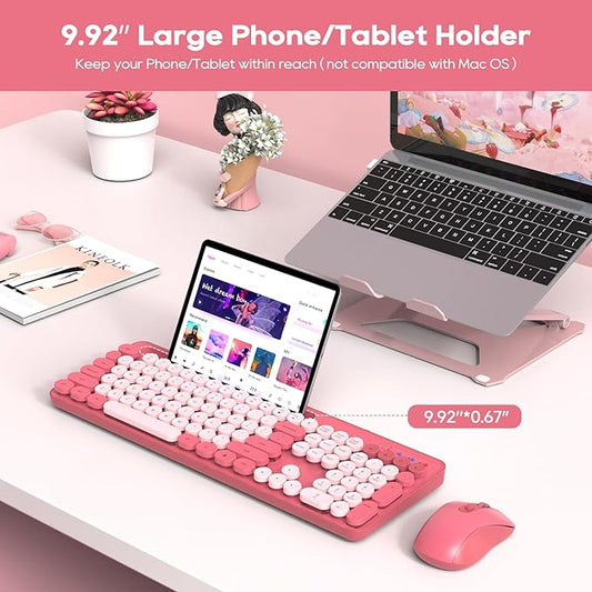 Wireless Keyboard and Mouse Combo, Retro Round Keycaps, Cute Full-Size Typewriter Keyboard with Phone Holder, Sleep Mode, Click Soft, 2.4GHz Cordless Connection for Windows/PC/Laptop (Pink-Colorful)