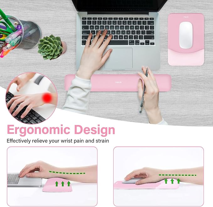 MOSISO Wrist Rest Support for Mouse Pad&Keyboard Set, Rectangular Ergonomic Mousepad Non-Slip Base Home/Office Pain Relief&Easy Typing Pad with Neoprene Cloth&Raised Curved Memory Foam, Pink