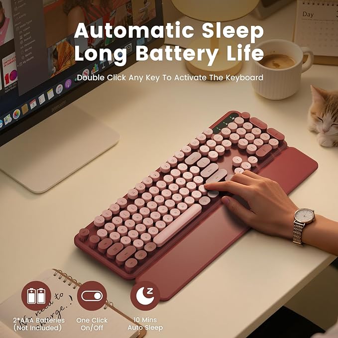 SABLUTE Wireless Keyboard, Round Keycaps, Retro Typewriter Keyboard with Detachable Wrist Rest, Sleep Mode, Foldable Legs, 2.4GHz Full-Size Cordless Computer Keyboard for Windows/PC/Laptop (Wine Red)
