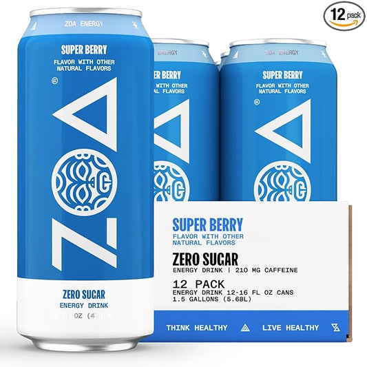 ZOA Zero Sugar Energy Drinks, Super Berry - Sugar Free with Electrolytes, Healthy Vitamin C, Amino Acids, Essential B-Vitamins, and Caffeine from Green Tea - 16 Fl Oz (12-Pack)