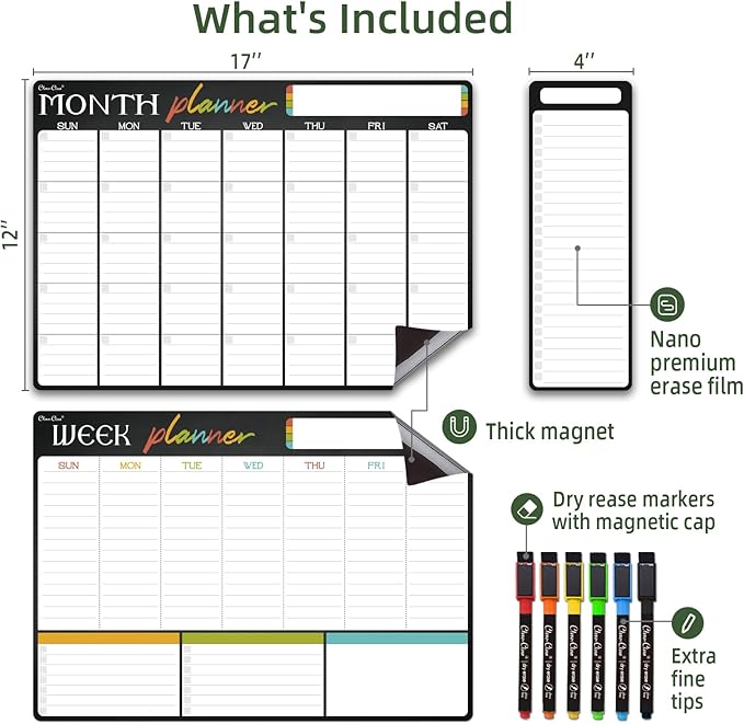 Magnetic Dry Erase Monthly Calendar Set - 17"x12" Monthly and Weekly Calendar, 4"x12" List Board for Fridge - 6 Extra Fine Point Markers Included - Shipped Flat