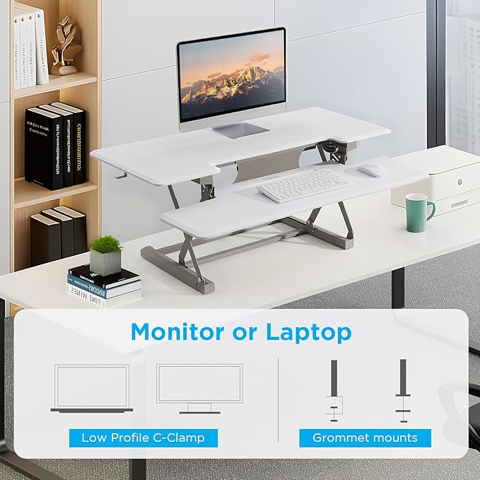 29" Electric Standing Desk Converter, Dyropcurv Series Height Adjustable Computer Desk Ergonomic Home Office Desk for Adults, Sit to Stand Desk with Quiet Motor, White