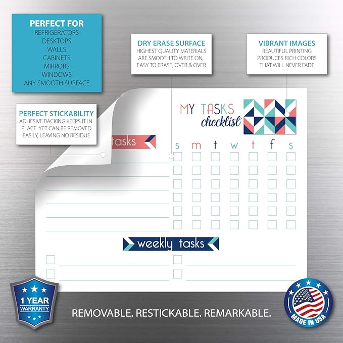 Dry Erase Whiteboard Task Planner | Removable and Restickable Adhesive Decal | Fine-Tip Magnetic Marker Included (9 x 12 inches, Geometric)