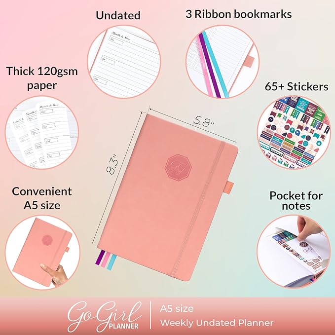 GoGirl Planner and Organizer for Women – A5 Size Weekly Planner, Goals Journal & Agenda to Improve Time Management, Productivity & Live Happier. Undated – Start Anytime, Lasts 1 Year – Peach Pink