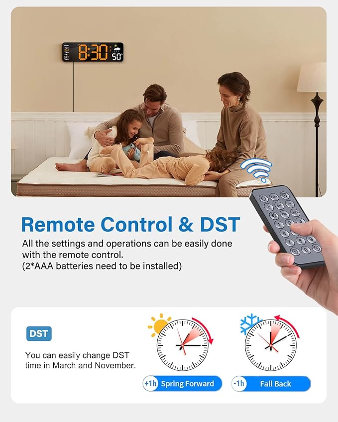 Digital Wall Clock, Digital Clock Large Display with Remote Control, Corded LED Alarm Clocks with Date, Week, Temp, Humidity, Auto DST, Countdown, for Living Room Bedroom Classroom Office (Orange)