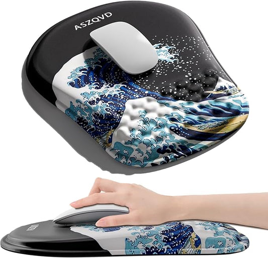 Mouse Pad with Wrist Rest, Ergonomic Mousepads with Wrist Support, Soft Lycra Fabric Memory Foam Office Desk Accessories for Comfort/Pain Relief/PC Gaming/Computer/Laptop (Black Kanagawa)