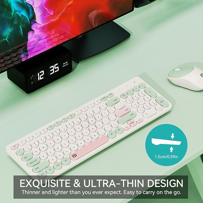 Wireless Keyboards Mouse Combos, Colorful Quiet Keyboard Cute Typewriter Full-Size Retro Round Keycaps, 2.4GHz Sleep Mode Office Wireless Keyboard and Mouse Set for Desktop Laptop PC Computer