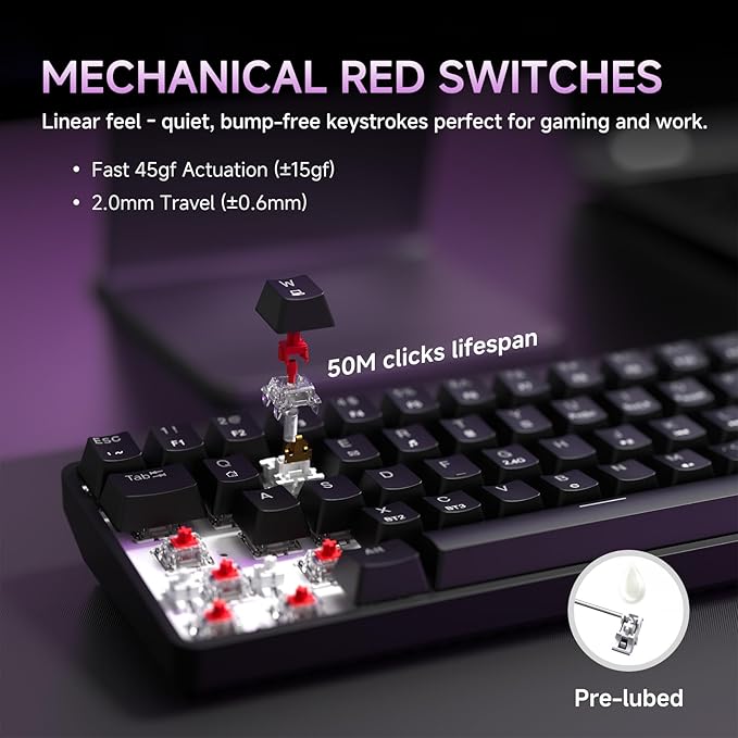 DIERYA DK68 60% Wireless Mechanical Gaming Keyboard, Triple Mode 2.4GHz/USB-C/BT5.0 with Red Switch, RGB Backlit, Anti-Ghosting Keys, 68 Keys Portable Mini Wired Office Keyboard-Black
