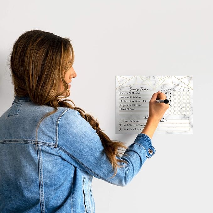 Dry Erase Whiteboard Task Planner | Removable and Restickable Adhesive Decal | Fine-Tip Magnetic Marker Included (9 x 12 inches, Marble)