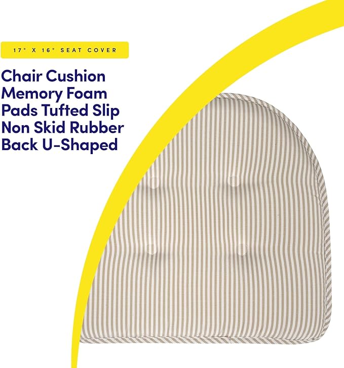 Sweet Home Collection Chair Cushion Memory Foam Pads Tufted Slip Non Skid Rubber Back U-Shaped 17" x 16" Seat Cover, 6 Count (Pack of 1), Pinstripe Taupe
