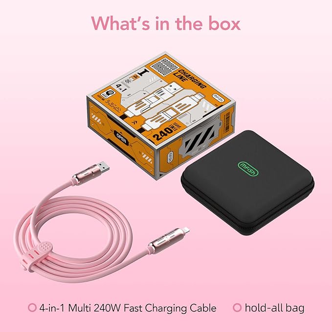 MFish 4-in-1 Universal USB Charging Cable with Carrying Case – 240W Max Fast Charger Cord, USB-A, Dual USB-C & Lighting, for iPhone 14/15/16/17 Series, iPad & MacBook and More (Pink, 6.6Ft)