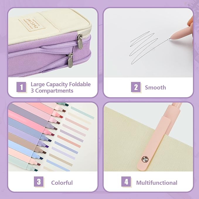 Henoyso 18 Set Aesthetic School Supplies Include Big Capacity Study Pen Bag with Zipper 12 Pcs Chisel Tip Bible Highlighters 5 Pcs Quick Dry Retractable Black Ink Pens for Student Office(Purple)