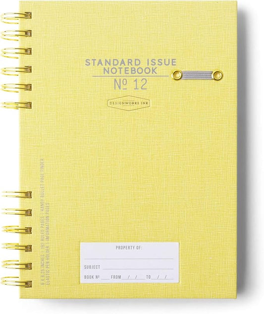 DesignWorks Ink Standard Issue Notebook No. 12 – 6" x 8.25" Undated Daily Planner & Writing Journal, 192 Lined Pages, Elastic Pen Holder, Small Spiral Notebook for Work & Journaling - Yellow