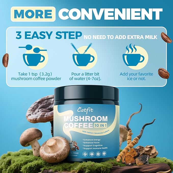 Mushroom Coffee,10 Adaptogenic Mushrooms And Milk Powder MCT Oil, Hydrolyzed Collagen, Instant Coffee with Lion's Mane, Chaga, Cordyceps, L-Theanine for Energy, Focus, Digestion and Immunity, 160G