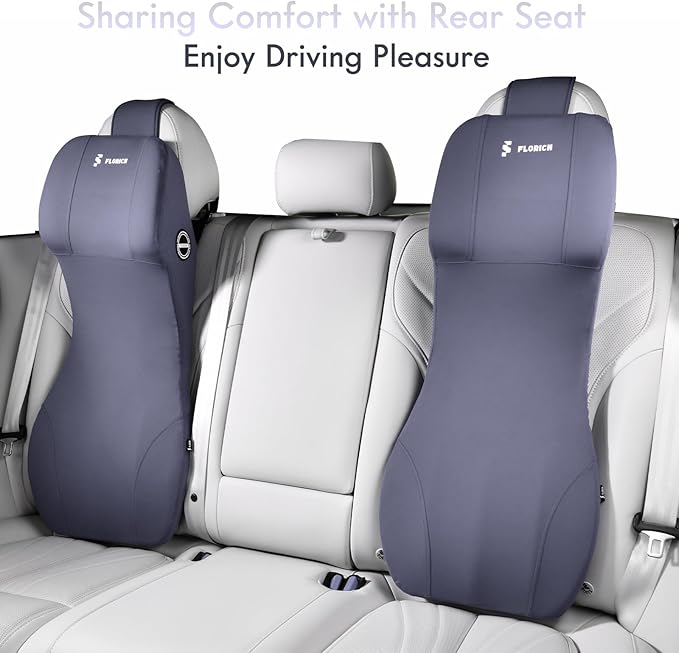 FLORICH Integrated Car Seat Lumbar Support Pillow & Car Neck Pillow Memory Foam Back Cushion for Driving Car Seat Back Support Pillow for Car Seats Driver Back Neck Sciatica Pain Relief Cushion, Blue