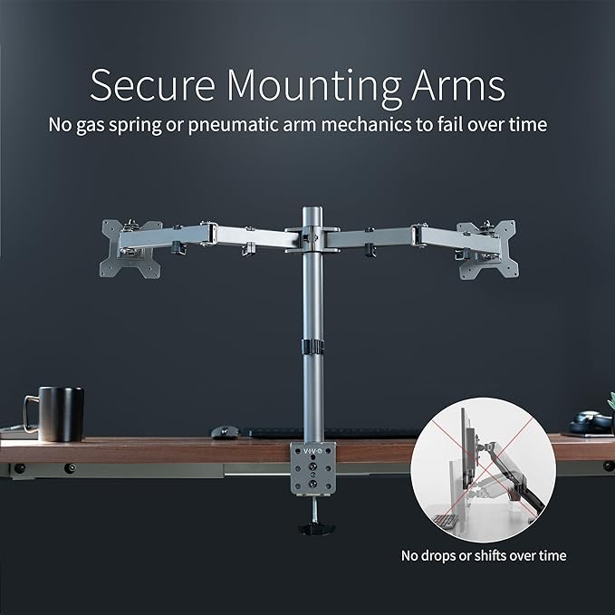 VIVO Dual Monitor Desk Mount, Heavy Duty Fully Adjustable Steel Stand, Holds 2 Computer Screens up to 30 inches and Max 22lbs Each, Gray Color, STAND-V002-GY