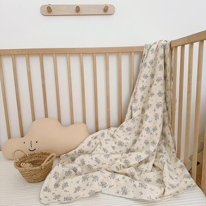 BuLuTu Blue Floral 100% Cotton Muslin Blanket Soft Lightweight Toddler Bed/Crib Quilt Shabby Chic Flower Theme Swaddle Blanket for Girls Boys Bedding Gift Room Decor, Fressia, 47"x51"