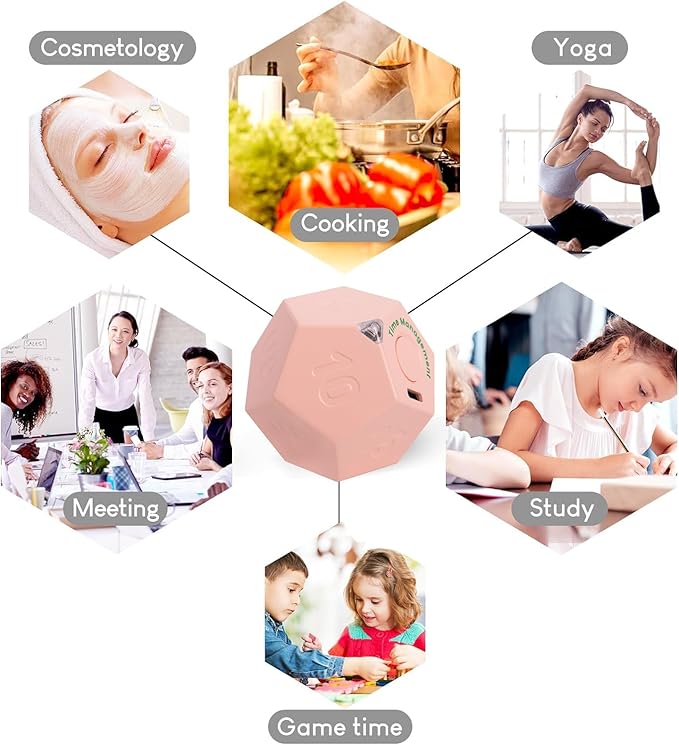 Mini 12 Sided Cube Timer, 11 Preset Times Pomodoro Timer for Enhanced Productivity. Ideal for ADHD Management, Workout, Study & Kitchen Cooking. Easy to Use (Pink)