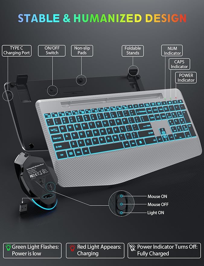 Wireless Keyboard and Mouse Backlits, Wrist Rest, LED Mouse, Rechargeable Ergonomic Keyboard with Phone Holder, Silent Light Up Combo for Computer, Mac, PC, Laptop, Chromebook (Silver Black)