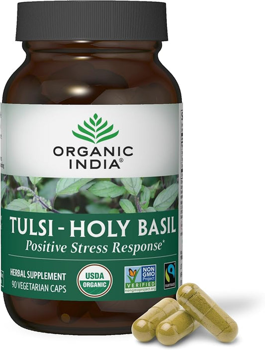 ORGANIC INDIA Tulsi Holy Basil Capsules - Holy Basil Extract - Holy Basil Leaf Supplement, Herbal Supplement, Immune Support, Stress Relief, Vegan, Gluten-Free, Kosher, Organic, Non-GMO - 90 Capsules