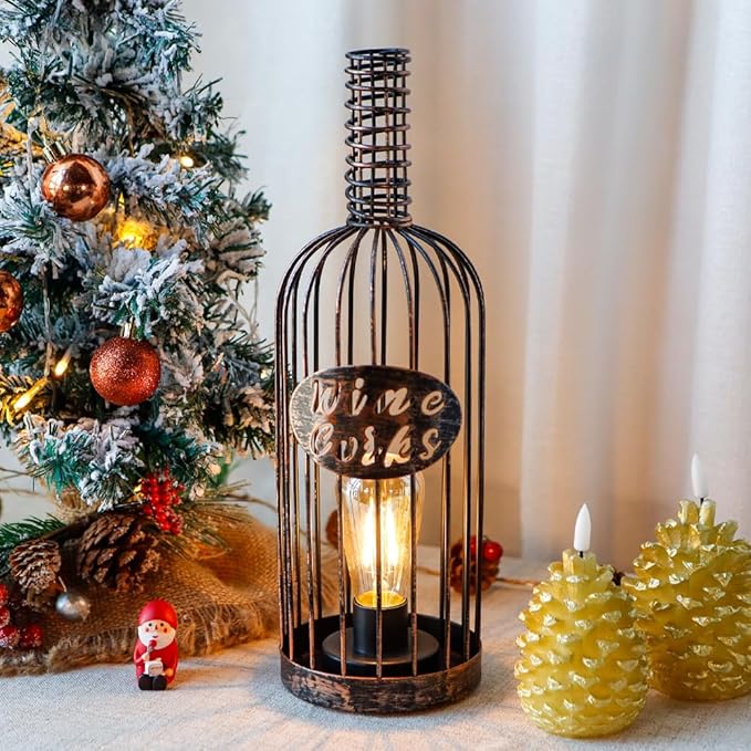 JHY DESIGN Decorative Table Lamp Battery Powered 13.5”H Cordless Metal Wine Cork Holder Lamp with 6-Hour Timer for Tabletop Home Patio Dining Room Living Room(Black Brushed Gold)