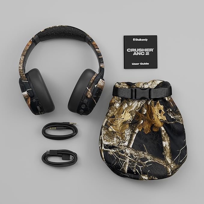 Skullcandy Crusher ANC 2 Wireless Over-Ear Bluetooth Headphones with Multi-Sensory Bass, Active Noise Cancelling, Up to 60 Hours Battery, Microphone for iPhone Android - Realtree Edge Colors Black