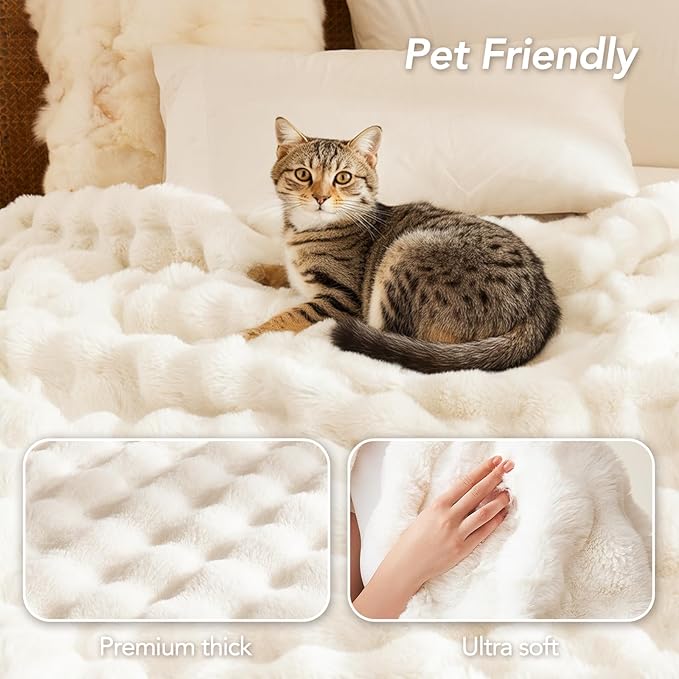 L'AGRATY Faux Fur Throw Blanket: 90" x 90" Luxury Soft Fluffy Thick Rabbit Fur Blankets for Queen Bed Couch - Cozy Plush Bubble Blankets for Winter: Warm Flannel Fleece Decorative Blanket(Cream White)