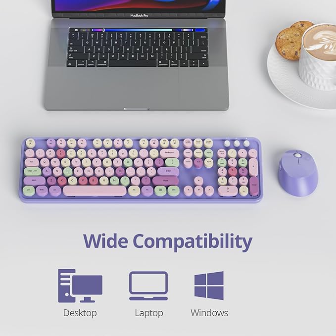 GTSP Typewriter Colorful Purple Keyboard and Mouse Wireless, 2.4GHz Full-Size Retro Cute Office Computer Keyboard with Round Keycaps for Desktop Laptop and PC (Colorful Purple)