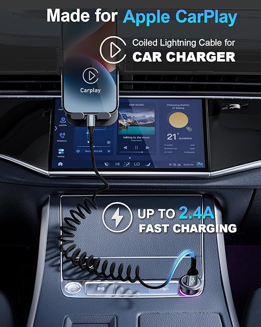 USB to Lightning Cable for Car 3FT+6FT, Coiled iPhone Charger Cable Braided USBA to Lightning Cable [Apple MFi Certified] Fast Charging Cord Compatible with iPhone 14/Pro Max/13 12 11 8, iPad AirPods