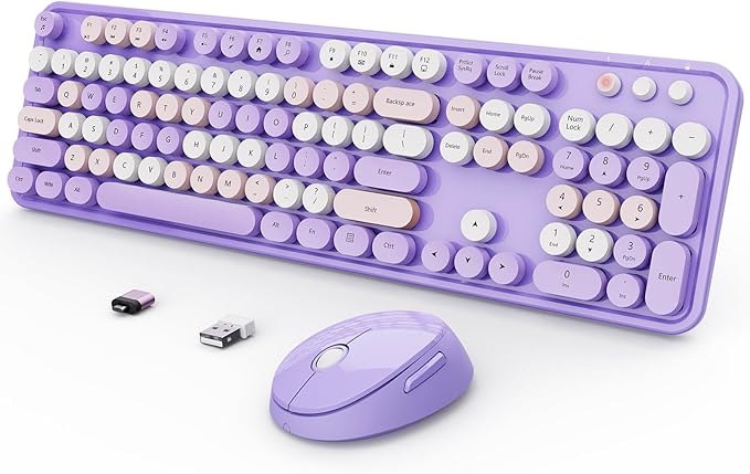 Wireless Keyboard and Mouse Combo, Ergonomic Full Size Typewriter Retro Round Keycaps Keyboard, Compatible with Windows, PC, Perfer for Home and Office Keyboards (Purple
