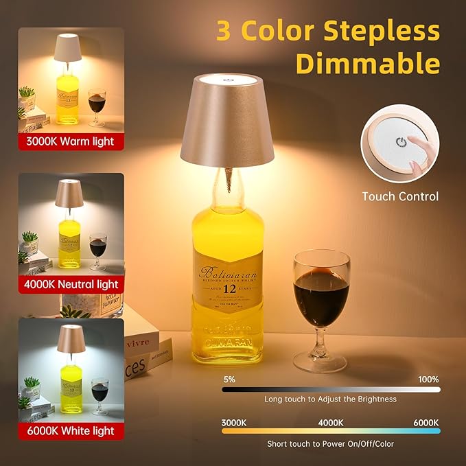 Realmoon Wireless Wine Bottle Light - Stylish 3 Color Dimmable LED for Dining Room, Bedroom and Bar Atmosphere (Golden)