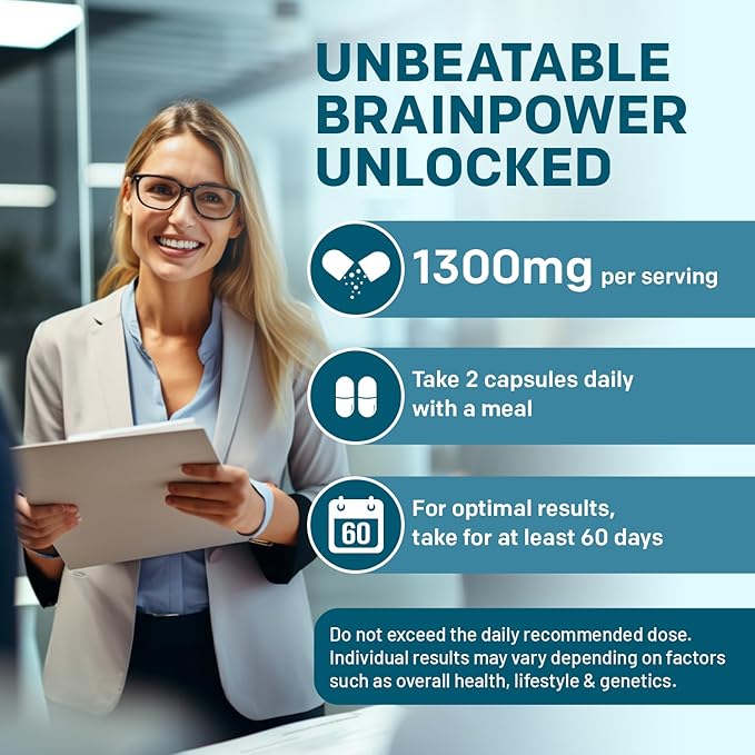 14-in-1 Lions Mane Supplement Capsules - Nootropic Brain Supplement with Ginkgo Biloba for Brain Support, Memory and Focus - Alpha GPC, L Theanine & Choline Supplements with 1300mg Per Serving (60 ct)