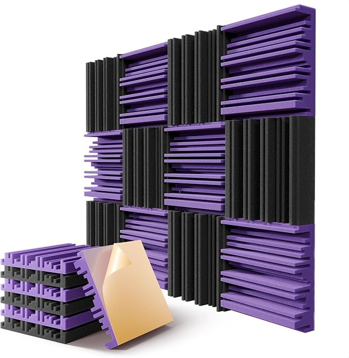 12 Pack Soundproof Wall Panels, 12" x 12" x 2" Acoustic Foam Panels for Walls, Self-Adhesive Soundproofing Panel, High Resilience Sound Absorbing Panels for Home Studios, Offices - Black & Purple