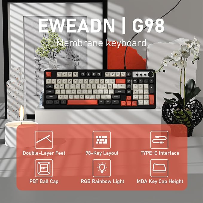 EWEADN G98 RGB Gaming Keyboard Wired, Retro Creamy Membrane Keyboards with Media Knob, Number Pad RGB Backlit, 98 Keys Quite Membrane Computer Keyboard for MAC Xbox PC Gamer -Black&White
