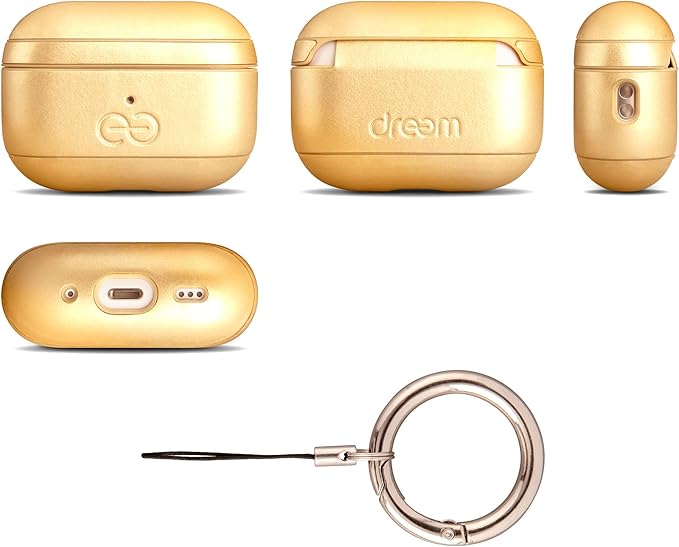 Dreem Om Case Cover with Keychain Clip Compatible with AirPods Pro 2/Pro, Protective One-Piece Hard Shell, Luxury Vegan Leather AirPod Pro Case 2nd/1st Generation with Separate Clip [Gold]