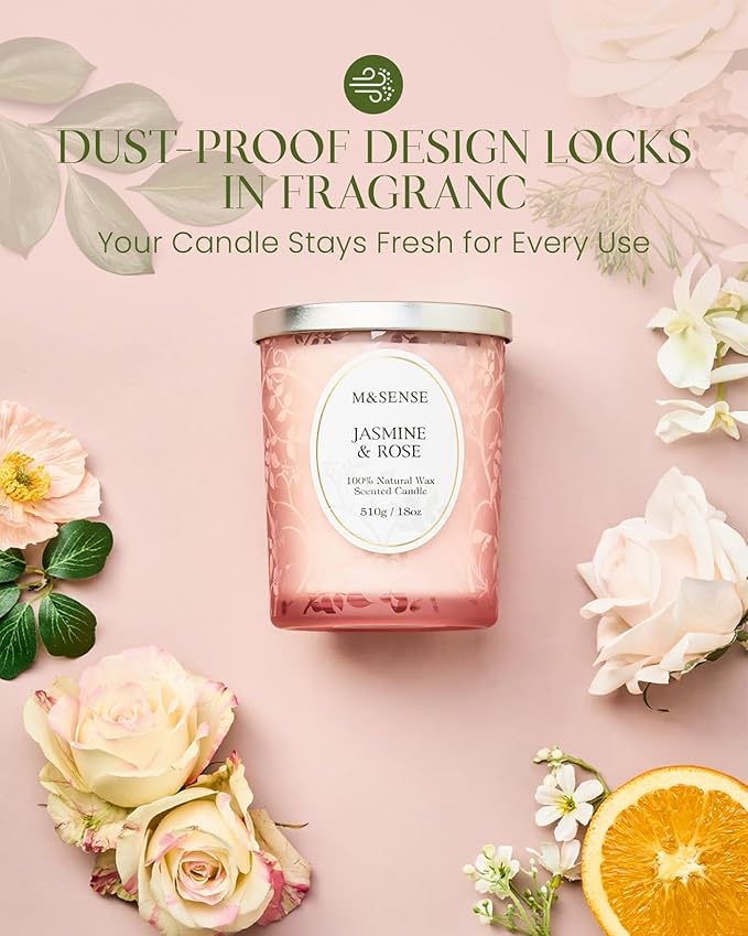 M&SENSE Jasmine Rose Candle, Wooden Wick Heavy Scented Candle, 100 Hours Long Burning No Toxin Natural Soy Wax 18oz, Stress Relief Romance Relax Home Fragrance,Housewarming Gifts for Her Him