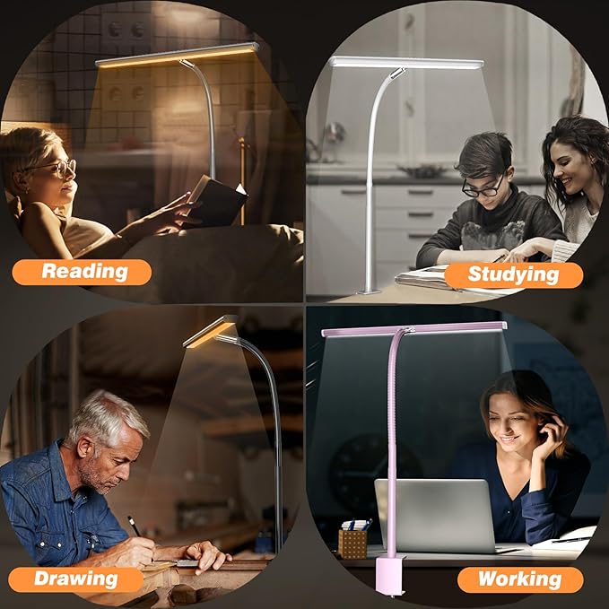 LED Desk Lamp for Office Home, Eye-Caring Desk Light with Stepless Dimming Adjustable Flexible Gooseneck, 10W USB Adapter Desk Lamp with Clamp for Reading, Study, Workbench